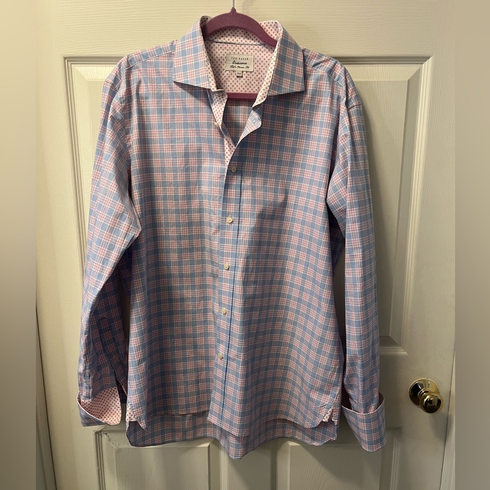 Ted Baker Blue‎ and Pink Plaid Button Down Shirt with Flip Cuff Size 17.5